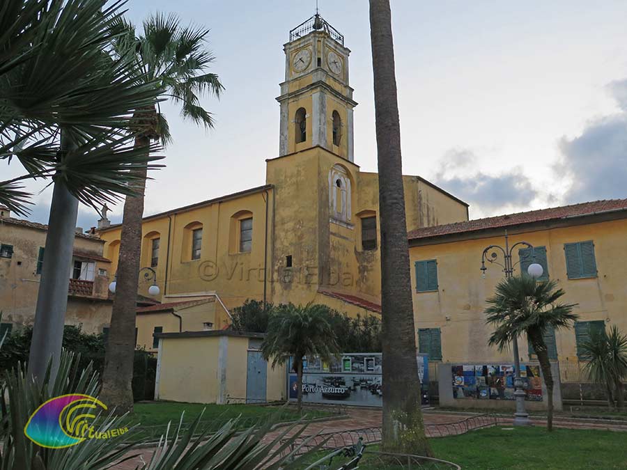 Small square and bell tower of the Church of the Madonna del Carmine (Porto Azzurro)